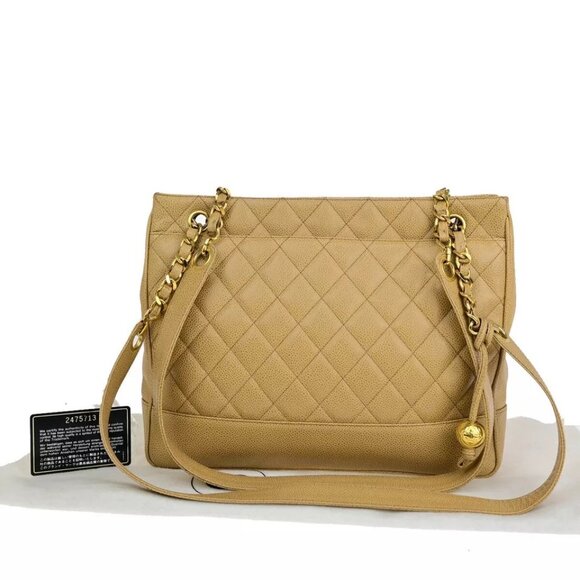 CHANEL CC Matelasse Chain Shoulder Bag Caviar Skin Leather Beige Vintage - Picture 1 of 16
